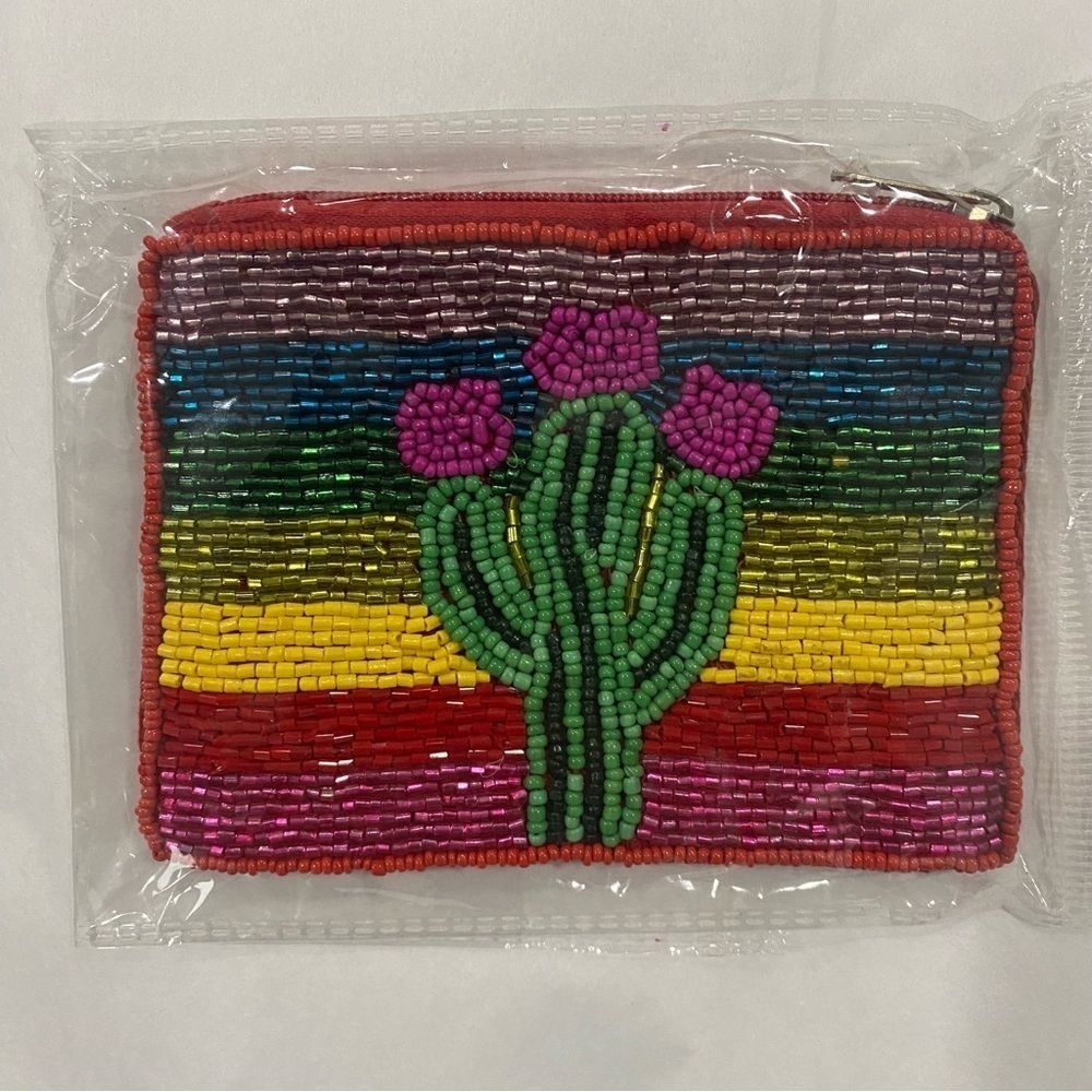 Handmade Seed Beaded Colorful Cactus Coin purse Southwestern boho